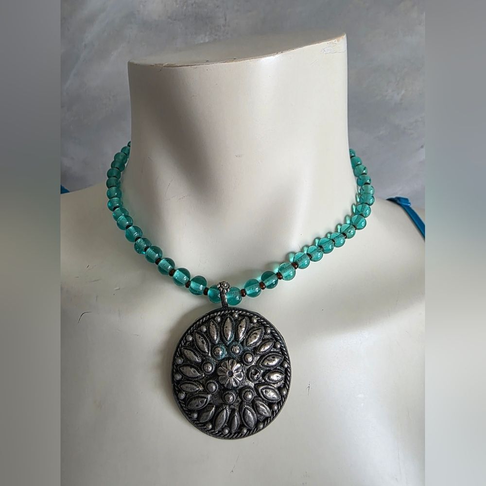 Turquoise Beaded Strand Translucent Beads Silver-Toned Medallion Pendant